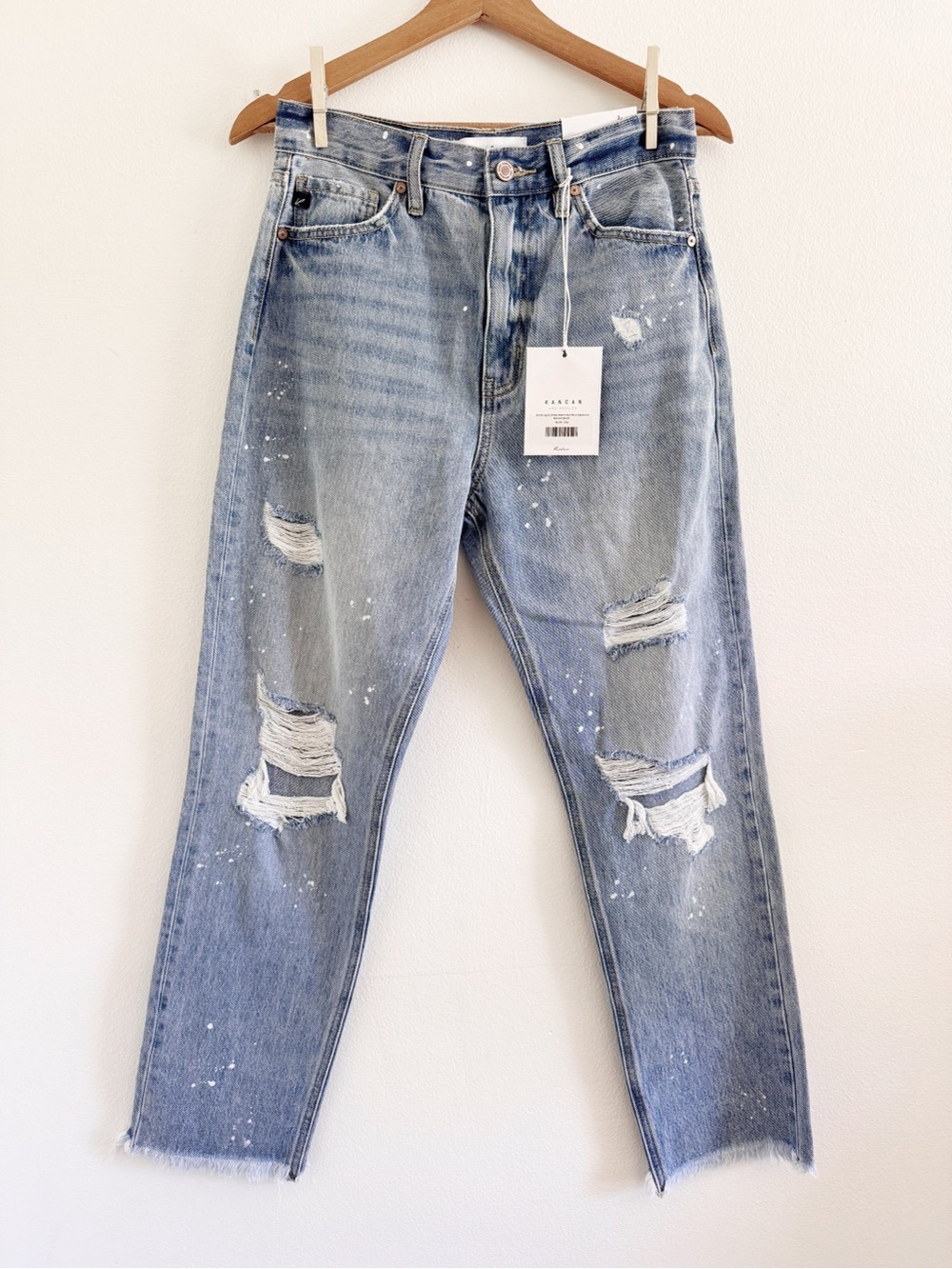 KanCan Light Wash High Rise Slim Straight Distressed Paint-Splatter NWT Size 3 - Picture 1 of 4